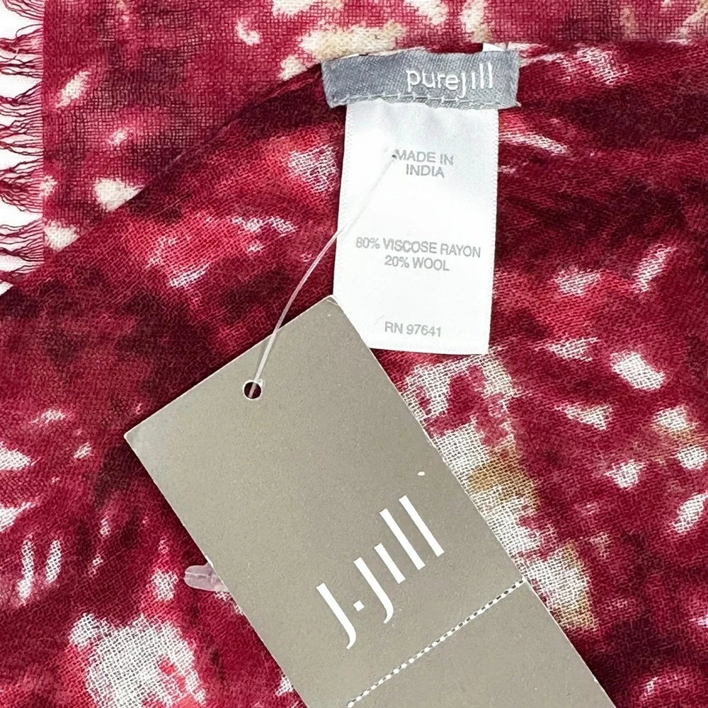 PURE JILL Floral Tie-dye Lightweight Fringe Scarf NWT • red, cream • boho chic